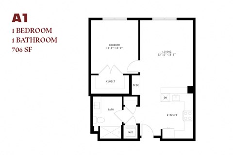 Floor plan for 1 bed, 1 bath, 706 sqft